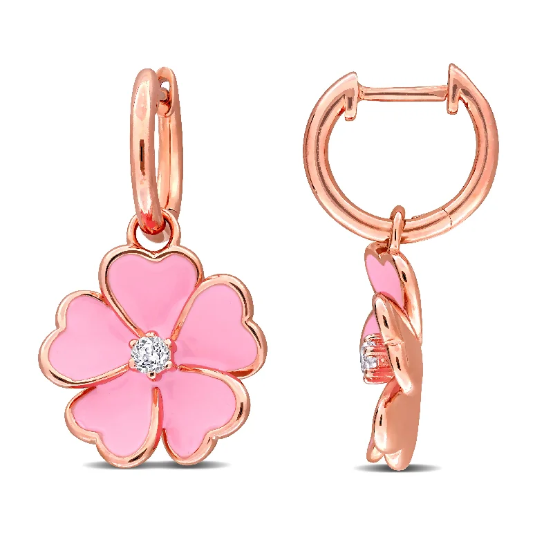 Best hoop earrings with delicate chain details for a trendy and stylish design-Mimi & Max 1/6ct TGW White Topaz Pink Enamel Plated Flower Hoop Earrings Rose Silver