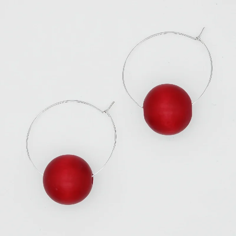 Hoop earrings with twisted leather for a chic and modern boho look-Red Ball Hoop Dangle Earring