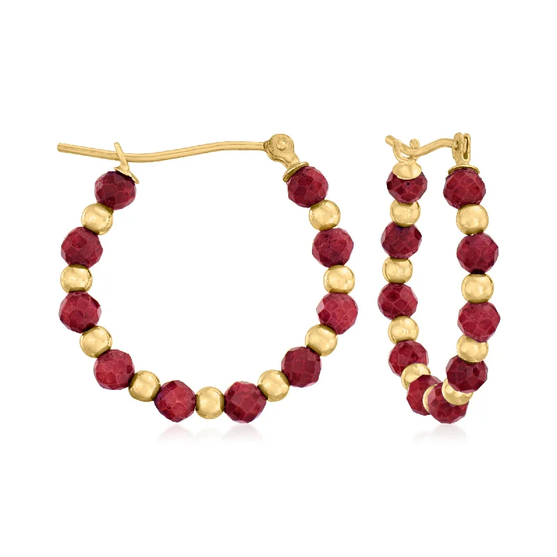 Hoop earrings with dangling charms for a playful and fun look-Ross-Simons Ruby Bead Hoop Earrings in 14kt Yellow Gold