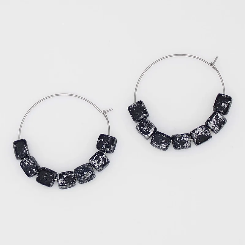 Best hoop earrings with gemstone accents for a colorful and elegant appearance-Square Black and Silver Hoop Dangle Earring