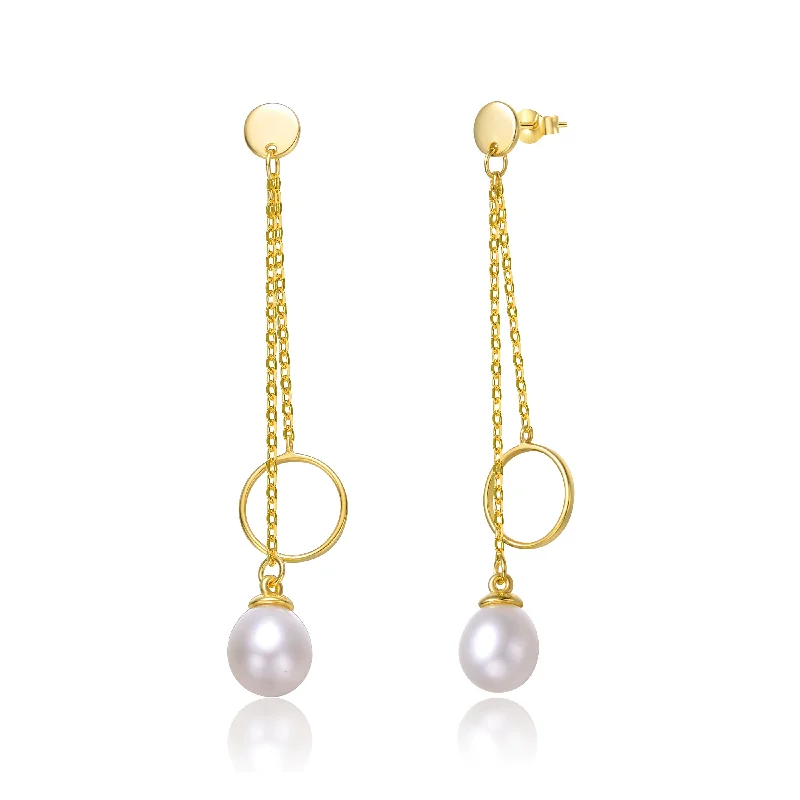 Best hoop earrings with crescent-shaped designs for a bold, moon-inspired style-Delphine Golden Circle Pearl Dainty Chain Dangle Earrings