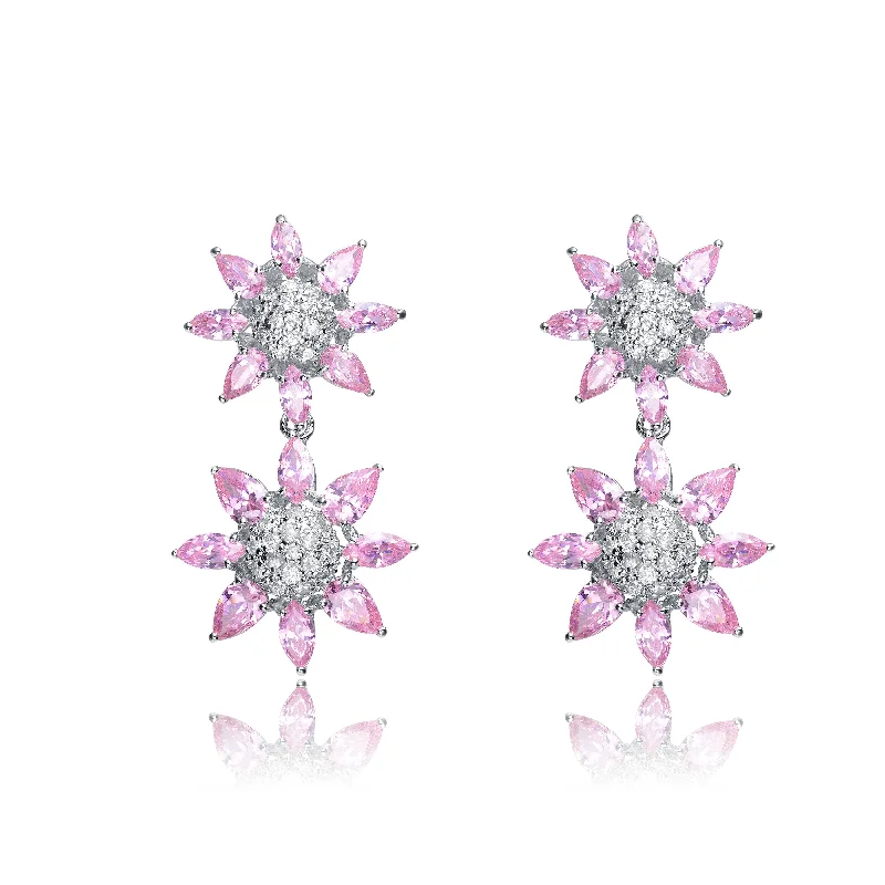 Best hoop earrings with Swarovski crystals for added sparkle and luxury-Sterling Silver Clear & Pink Cubic Zirconia Pave Flower Earrings