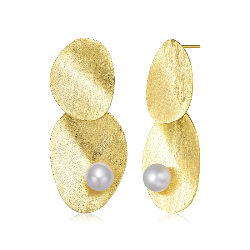 Best hoop earrings with sparkling cubic zirconia for a brilliant, budget-friendly effect-Delphine Brushed Leaf Golden Pearl Earrings